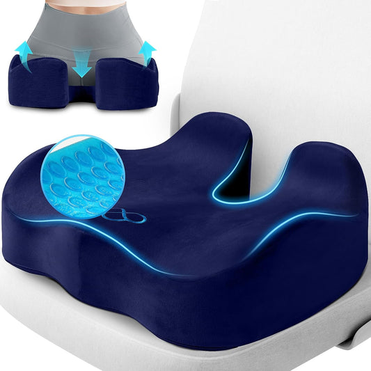 Seat Cushion, Gel Chair Cushions, Office Chair Cushions, Anti-Slip Bottom & Removable Cover Tailbone Pain Relief Cushion, Memory Foam Seat Cushion for Office, Wheelchair, Car (Blue)