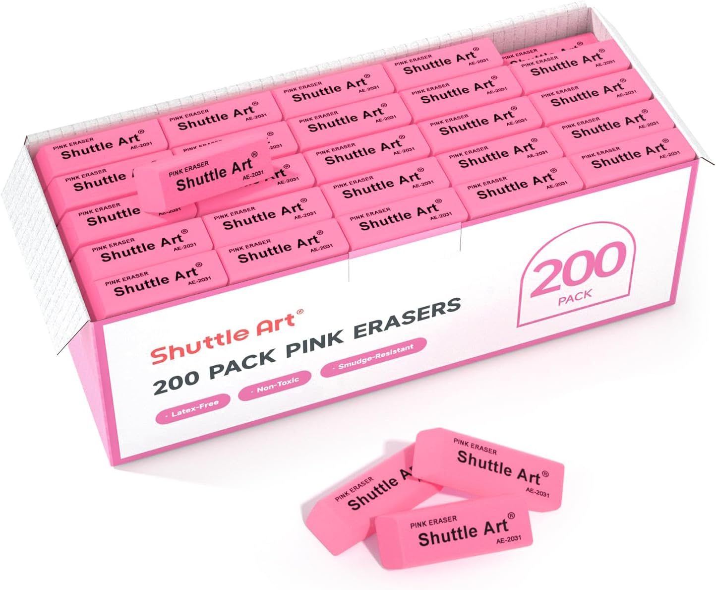 Shuttle Art Pink Erasers, 200 Pack Bulk for School, Office, Latex-Free Soft Erasers for Kids, Teachers as School Supplies