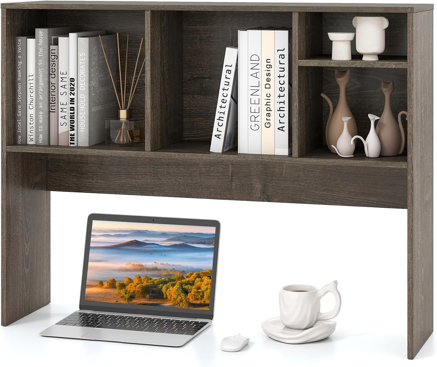 Tangkula Desktop Bookshelf, Countertop Storage Hutch with 4 Shelves for Computer Desk, Desktop 2-Tier Display Rack, Multipurpose Wood Desk Hutch Storage Organizer for Dorm Office Home