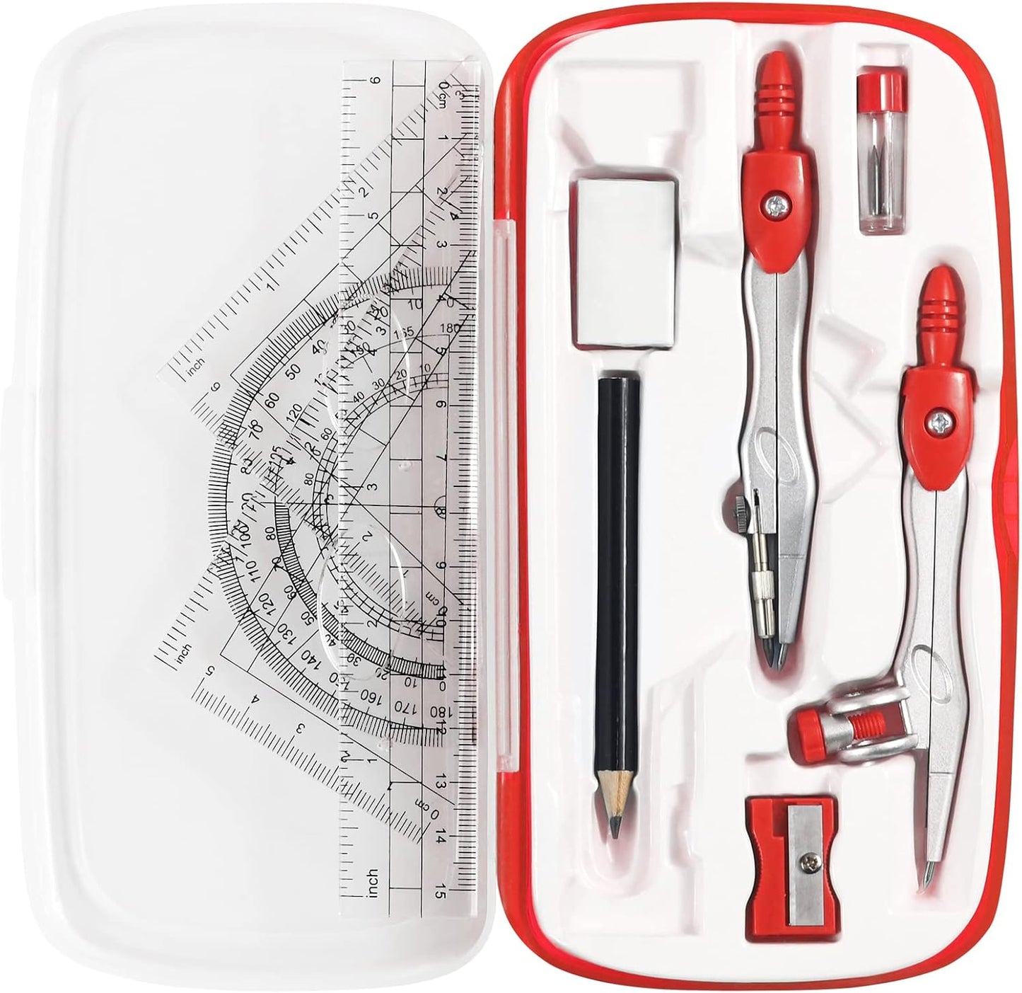Math Geometry Kit Sets 10 Piece Student Supplies with Shatterproof Storage Box,Includes Rulers,Protractor,Compass,Eraser,Pencil Sharpener,Lead Refills,Pencil,for Drafting and Drawings（Red）