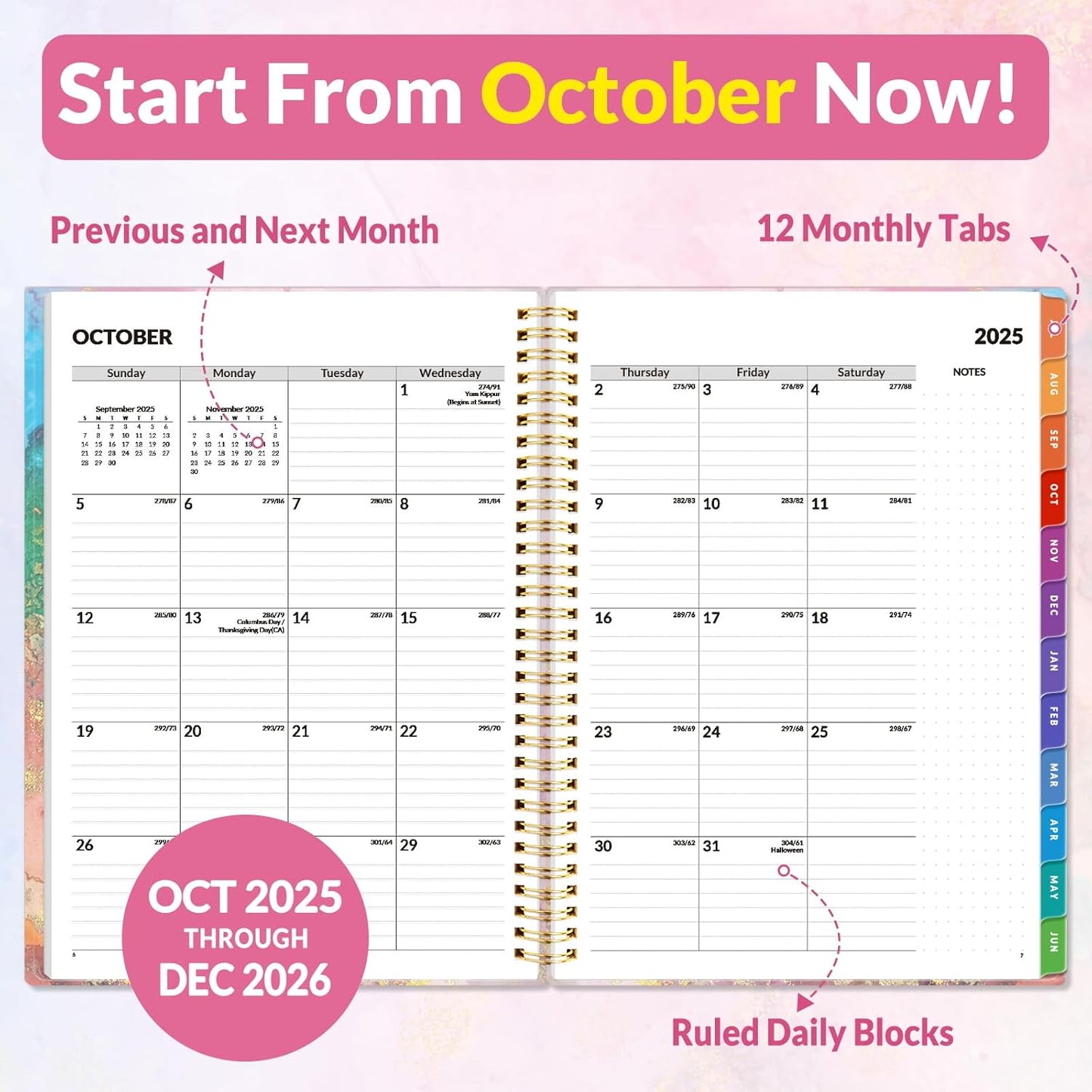 SUNEE 2026 Weekly and Monthly Planner - from January 2026 - December 2026, 8.5"x11" Daily Agenda Planner with Monthly Tab, Flexible Cover, Note Pages, Pockets, Bookmark, Spiral Binding, Pink Marble