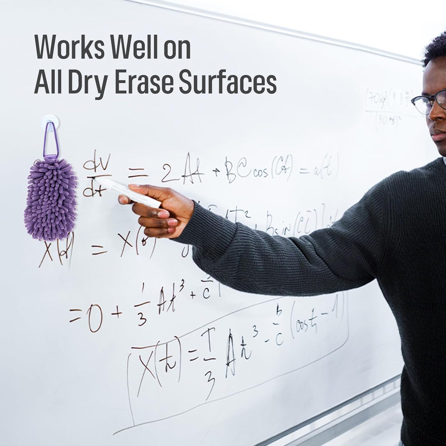 loukin Shag Dry Erase Eraser (3.4 Fl Oz Whiteboard Cleaner Included), Whiteboard Eraser with Suction Cup, Microfiber, Washable, for Classroom, Home and Office Use, Purple