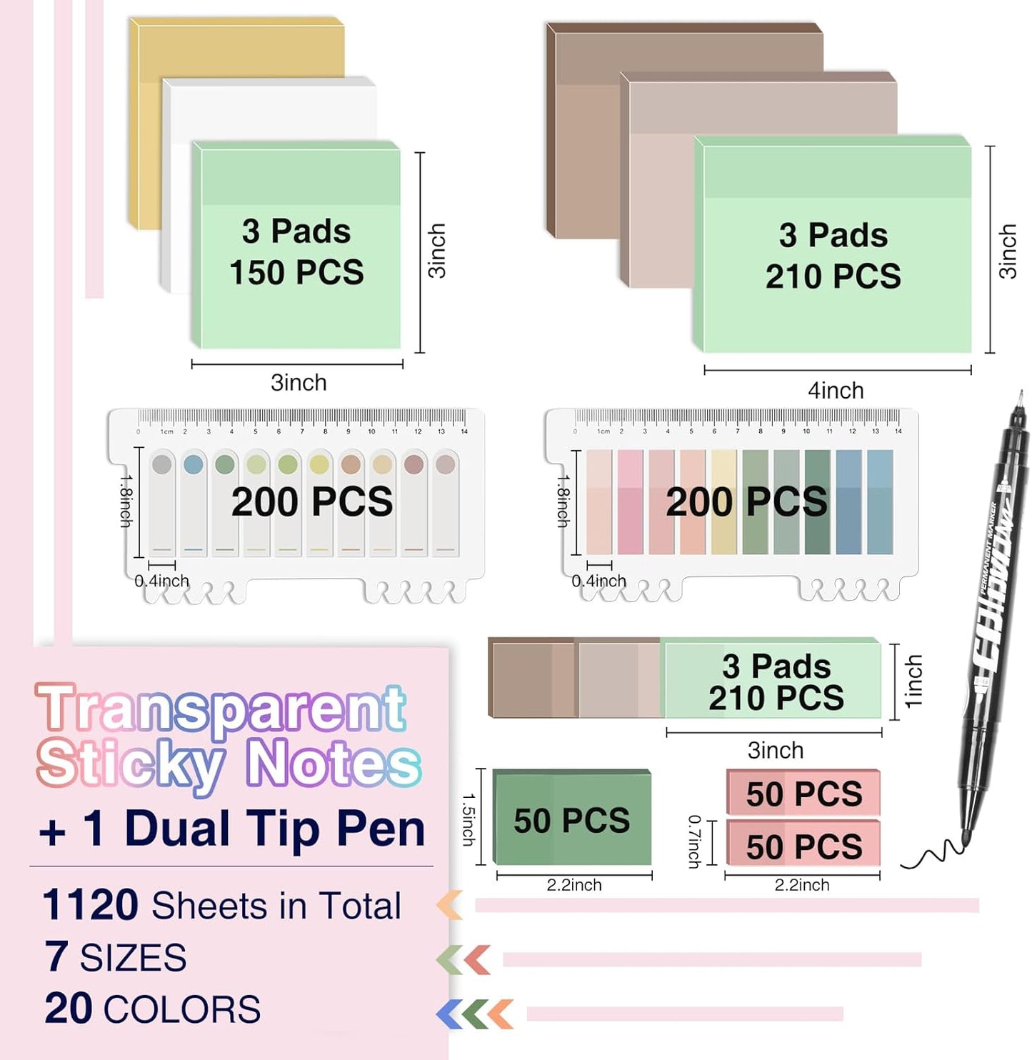 Transparent Sticky Notes,1120 Sheets Clear Sticky Notes with Pen, Waterproof Annotation Kit, Self-Adhesive Translucent Writable Index Tabs for Annotation Books, Bible Journaling Study Office School