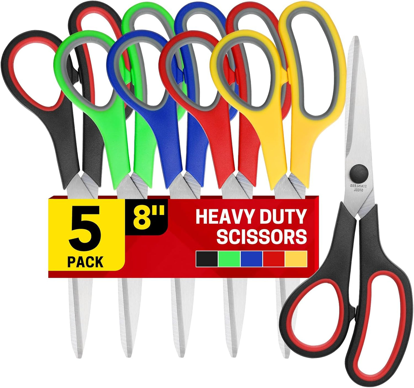 5-Pack, 8" Scissors All Purpose Comfort-Grip Handles Sharp Scissors for Office Home School Craft Sewing Fabric Supplies, High/Middle School Student Teacher Scissor, Right/Left Handed
