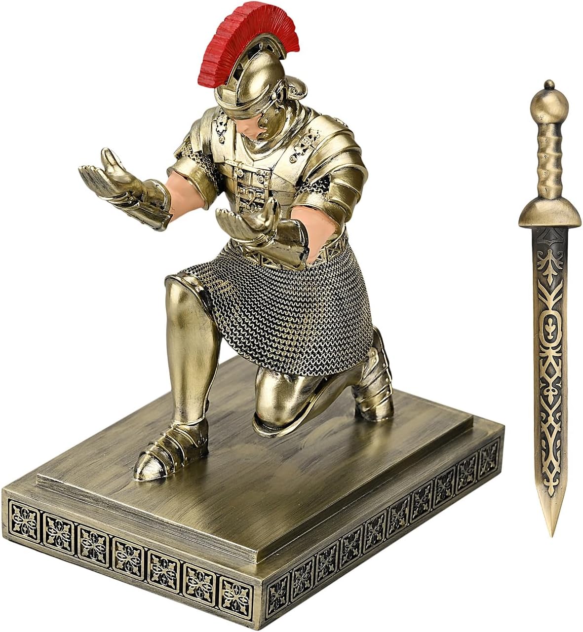 Roman Praetorian Warrior Knight Pen Holder Desk Ornament Resin Pencil Holder Desk Accessories and Organizer for Office with a Letter Opener (Bronze)