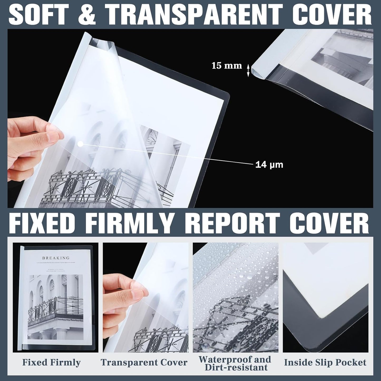 BBTO 100 Pcs Clear Report Covers with Sliding Bar for A4 Paper Resume Covers Presentation Folders File Document Binder for School Business, Letter Size 12 x 8.7 Inches(Black, White)