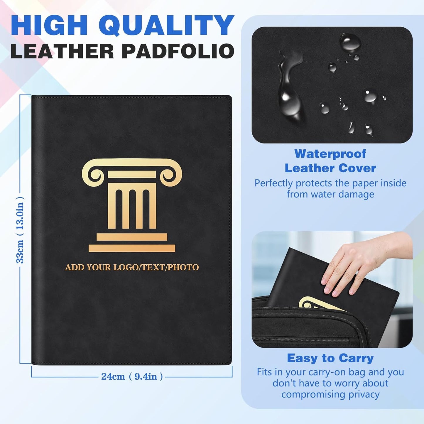 Personalized Padfolio Folder, Leather Custom Portfolio for Men & Women Resumes Office Business, A4 Portfolio Binder for Office College Resumes (Blue)