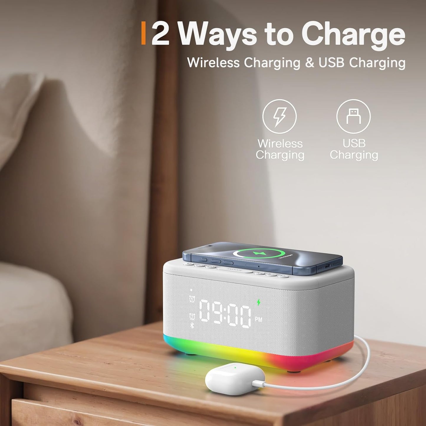 Alarm Clock Speaker Wireless Charger, Digital Alarm Clocks Bedrooms Bluetooth, Alarm Clock Dimmable Light Bedrooms Bluetooth Speaker Dual Alarm Snooze 12/24H Dimmer Support USB AUX, White