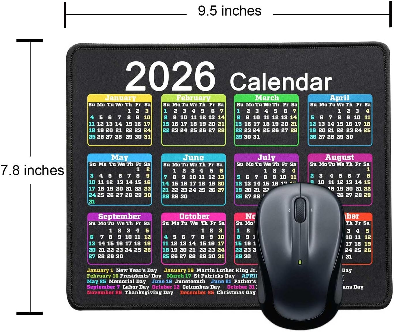 Mouse Pad with Non-Slip Rubber Base, Waterproof Computer Mousepad with Stitched Edges, Mouse Pads for Computers, Laptop, Gaming, Office & Home, 9.5 x 7.8 in (Black Calendar 2026)