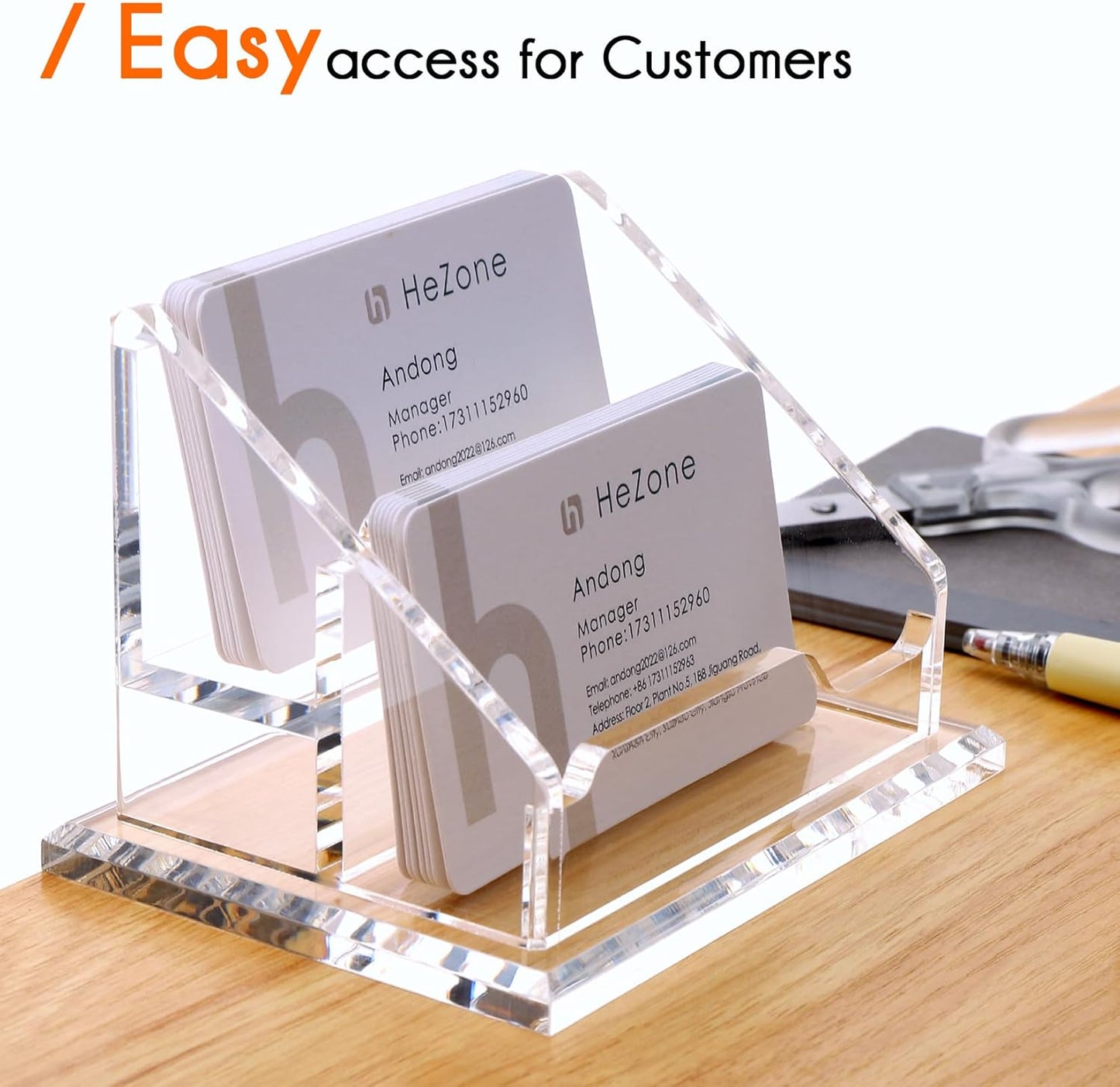 Acrylic Business Card Holder For Desk Clear Business Card Display Stand 2 Tier 2 Slots Business Cards Holders for Men And Woman, Organize 100 Cards-1 Pack (2 Solt-H)