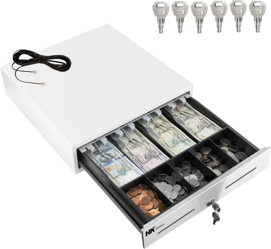 HK SYSTEMS 13inch "Stainless Steel" Front WHITE Heavy Duty POS Interface Cash Drawer with 4Bill/5Coin