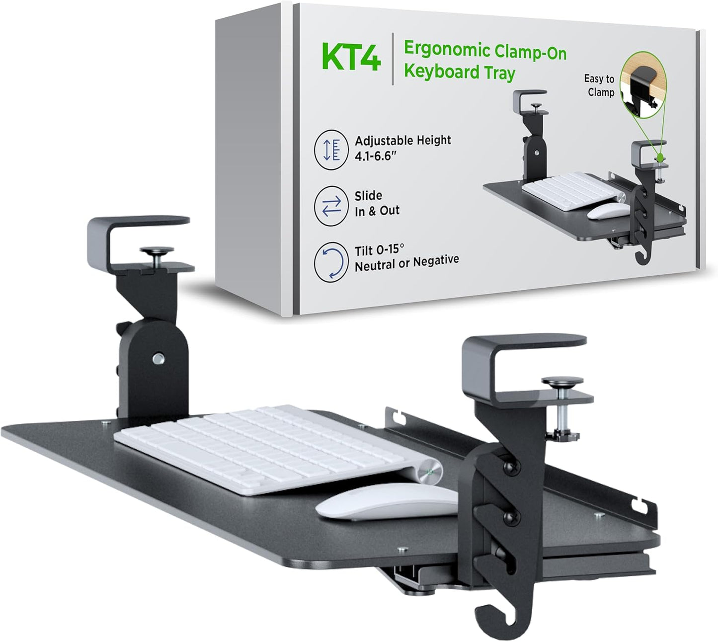 Kt4 Clamp on Keyboard Tray, Adjustable Slide Out Drawer for Desk, Height Tilt Adjustable Keyboard Holder, Under Desk Pull Out Tray (Black)