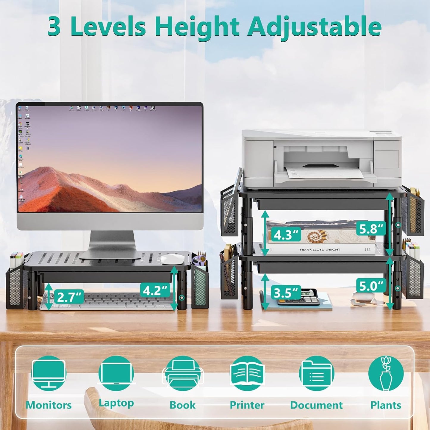 WALI Computer Monitor Stand with Storage, Desk Organizer with Drawer and Pen Holder, Desk Monitor Riser 3 Height Adjustable, Laptop Riser for Computer, Laptop, Printer (STT003DH-B), 1 Pack, Black