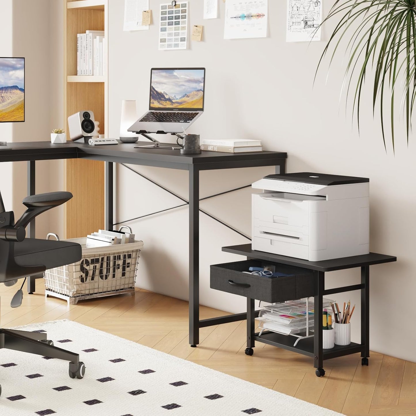 22"x15" Large Printer Stand with Storage Drawer, 2-Tier Under Desk Printer Table for Home Office, Printer Cart fit Fax Machine/3D Printer/Scanner(Black)