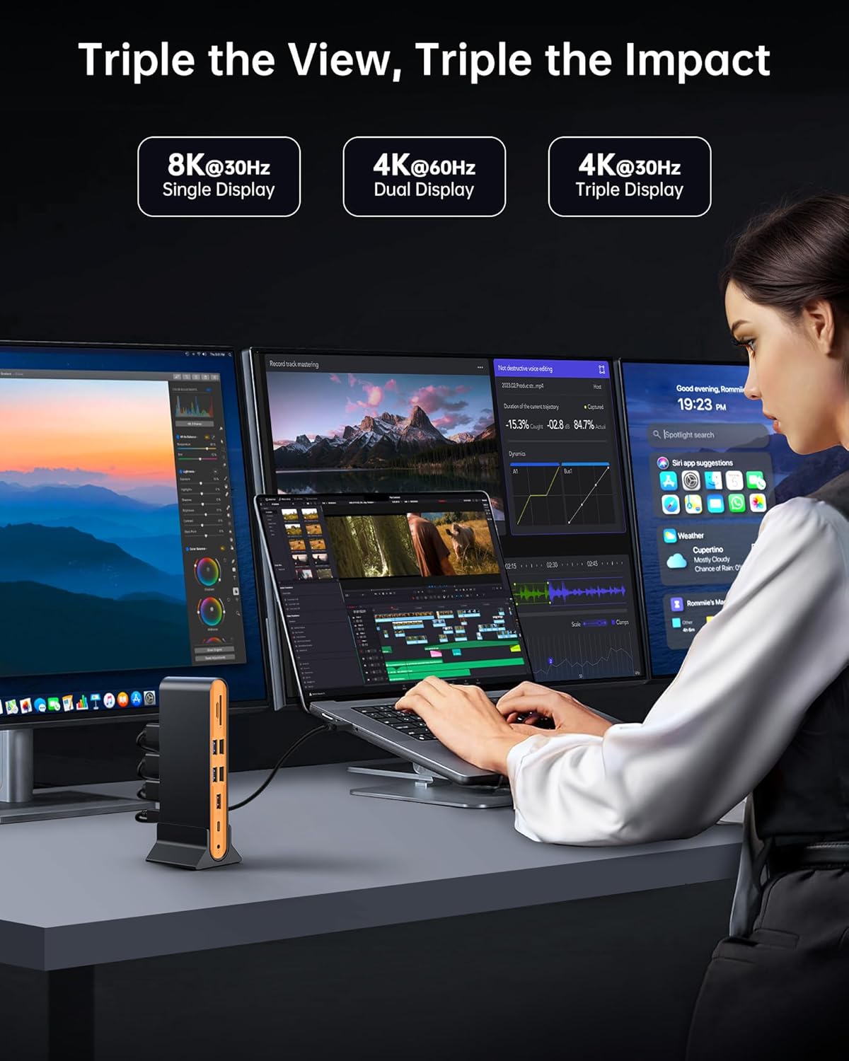 NOVOO 15-in-1 Vertical/Horizontal USB C Docking Station Triple Monitor – 8K@30Hz DP, Dual 4K@60Hz HDMI, 10Gbps USB-A/C, SD/TF, 1Gbps Ethernet,Dual Monitor Adapter Dock for MacBook, Windows Laptops