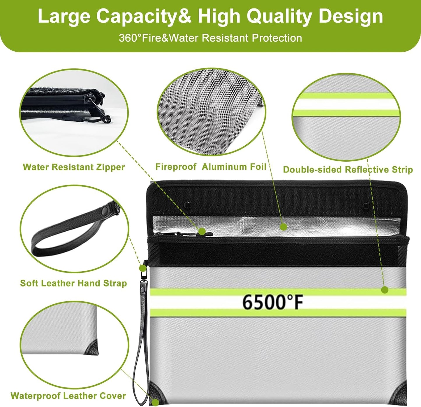 6500°F Fireproof Document Bag with Lock,Upgraded Fireproof/Waterproof Money Bag with Zipper/Reflective Strip,Storage Pouch for A4 Letter Size Document,Cash,Cell Phone,Passport（Not Fit A4 Files）