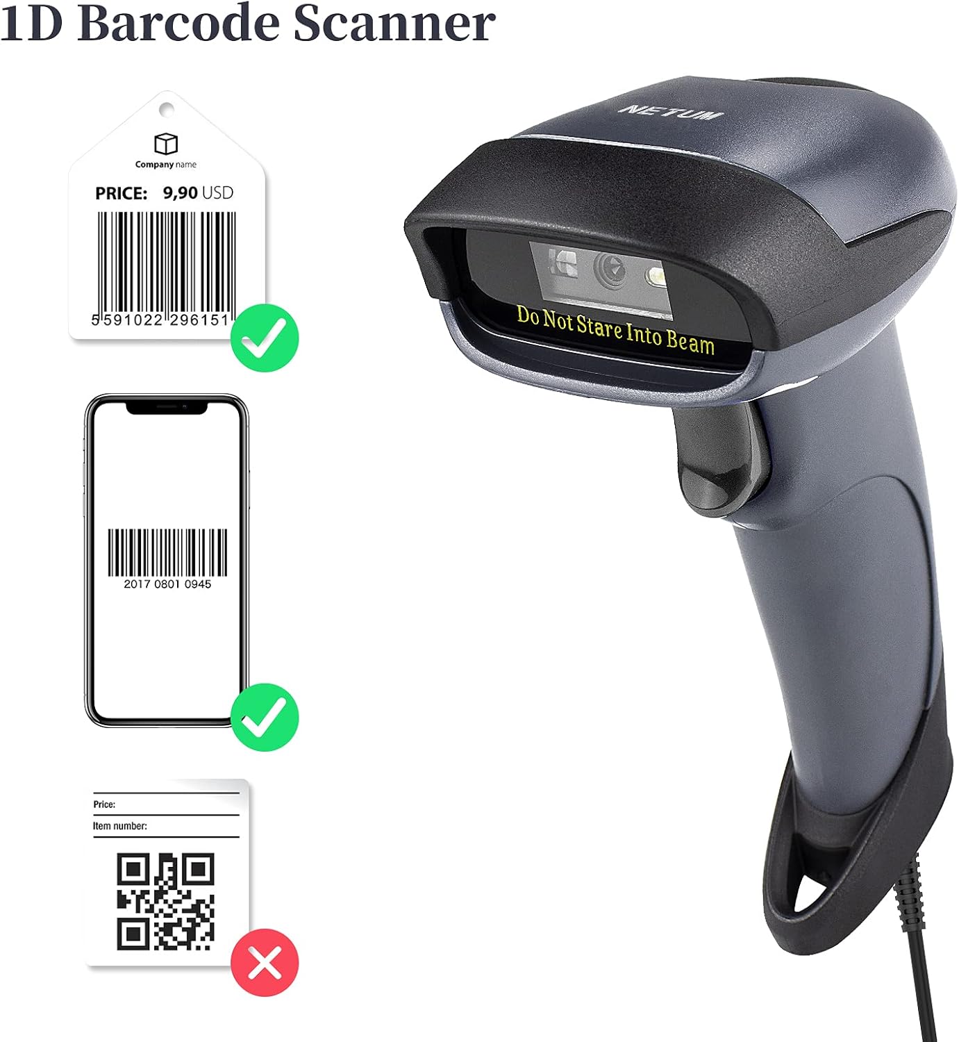 NETUM USB Barcode Scanner with Stand Wired Handheld Bar Code Reader 1D CCD Scanner Gun for Supermarket, Convenience Store, Warehouse -M3S