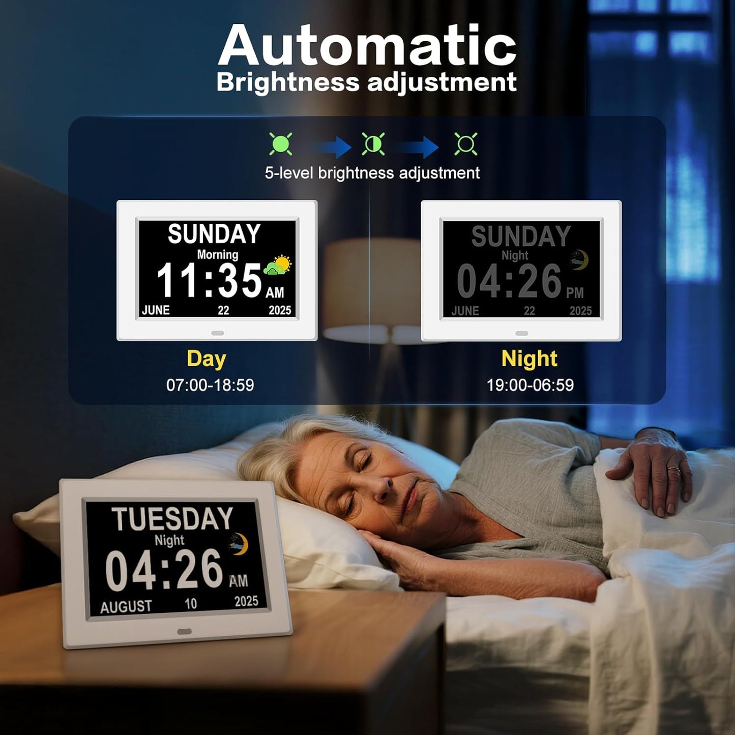 DIWAKREM 7'' Large Display Digital Clock for Seniors, Digital Calendar Alarm Clock for Elderly Clock with Date Day of Week 12 Alarms 4 Colors Desk Wall Clocks for Alzheimers Dementia Auto DST/Dimmer