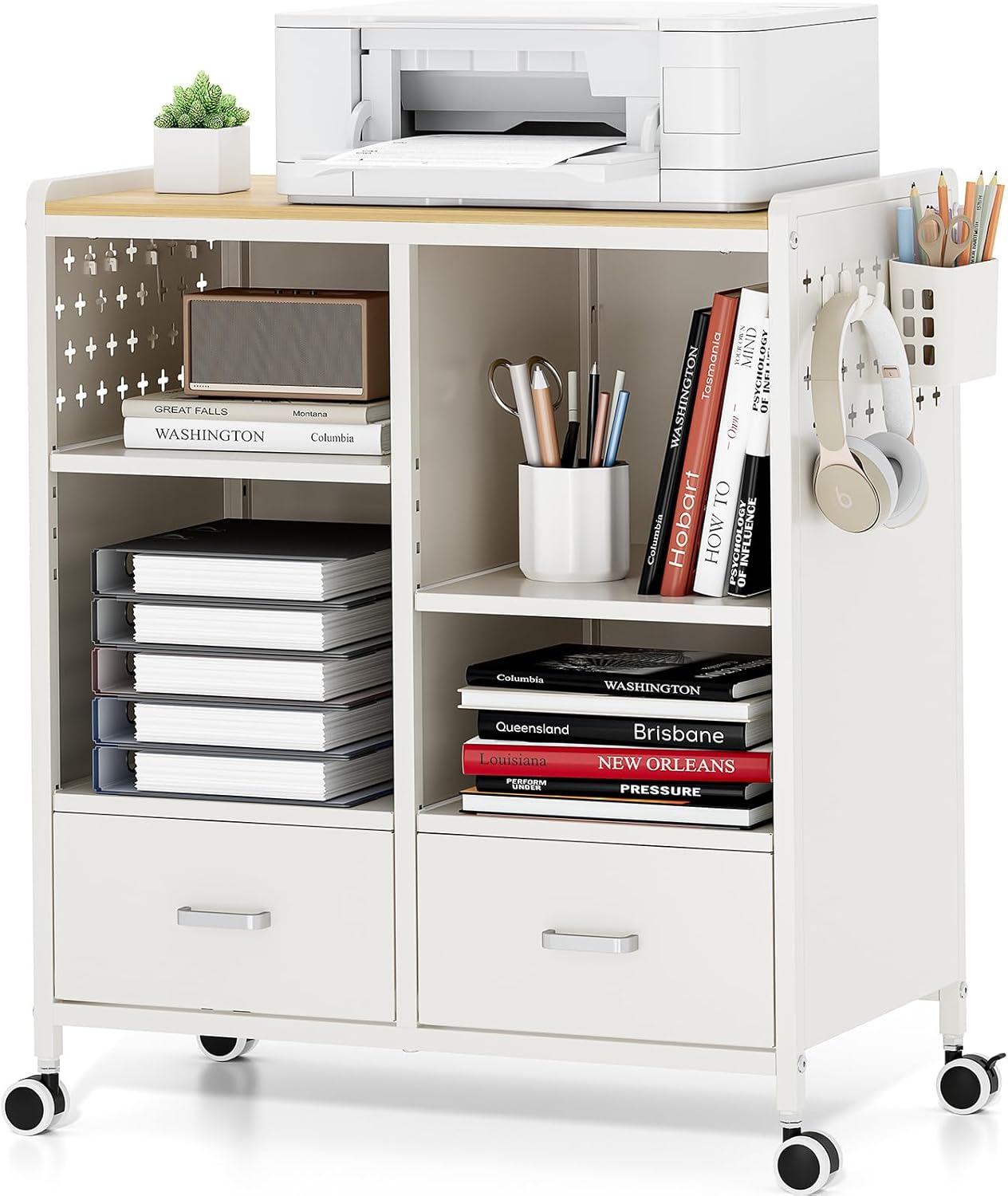 TOOLF 2-Drawer Mobile File Cabinet with Wheels, MDF Wooden Panel Printer Stand with Adjustable Shelves, 2 Storage Bins & 4 Hooks, Home Office Organization, White
