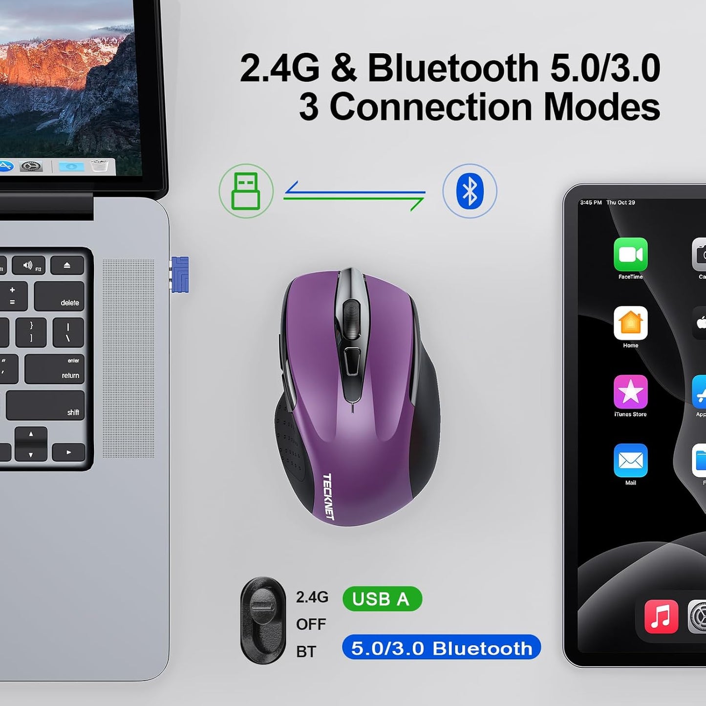 TECKNET Wireless Mouse (BT5.0/3.0 & 2.4G) Rechargeable 4800 DPI Silent USB A & Bluetooth Mouse 6 Buttons, Wide Compatibility - Purple