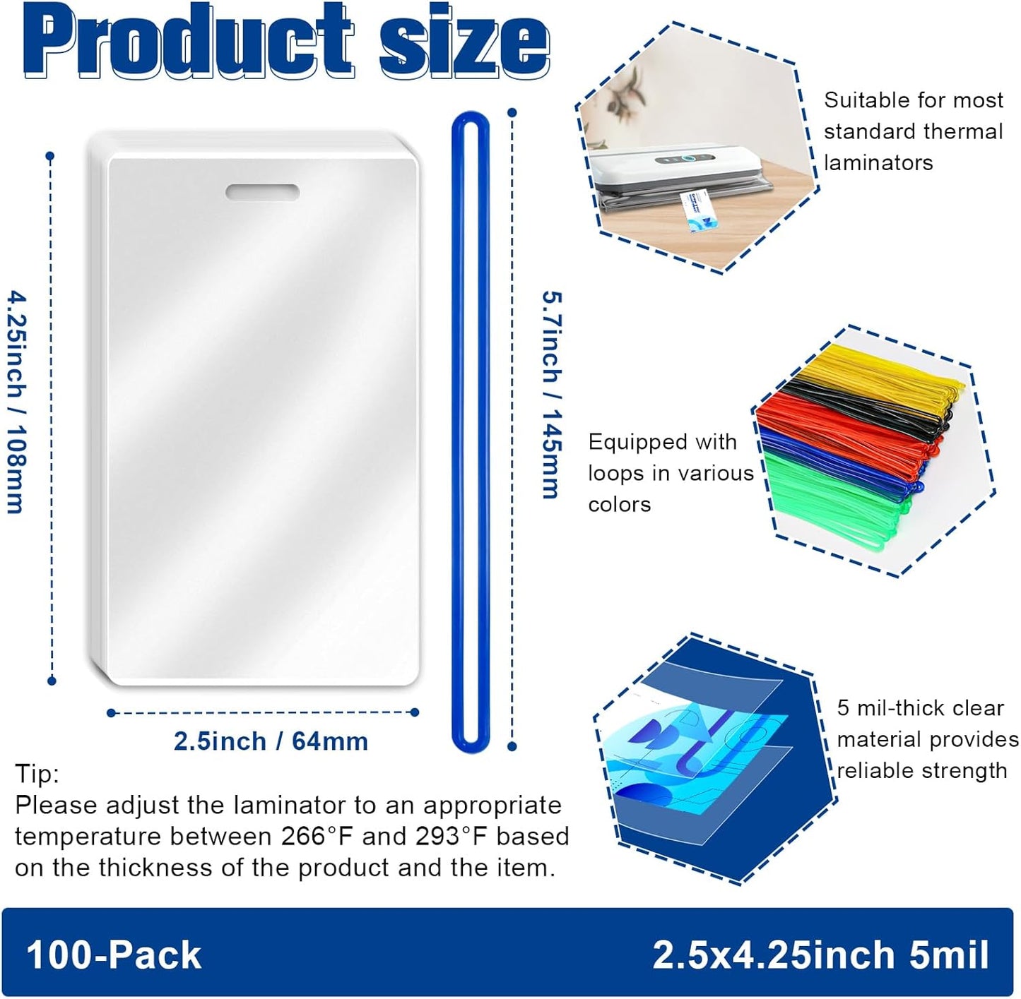 100 Pack 5 Mil Laminating Pouch with Colorful Loop 2 1/2" x 4 1/4" Luggage Tag Laminating Pouches with Slot Hole Thermal Laminate Pouch Tags Kit Resealable for Work Permits Pass Cards Student ID Cards