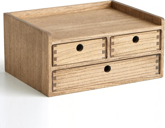 KIRIGEN Desk Organizer with Drawers - Wood Drawer Storage Box with Trays for Tabletop - Workspace Office Toiletries Supplies Tool Caddy - Wooden Storage Cabinet Dark Brown（DT2D3C-DBR）