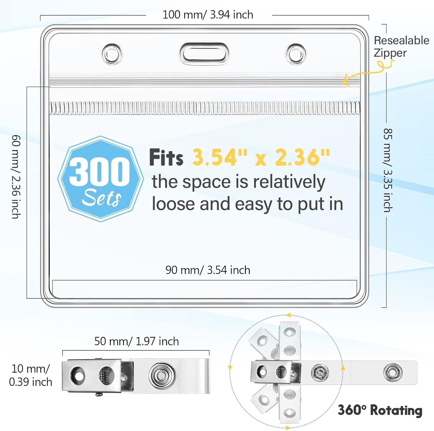 300 Sets Clip on Name Tag Clear Name Badge with Clip Waterproof PVC ID Badge Holder Transparent Name Tag Holder with Resealable Zipper Seal and Metal Badge for Teacher Worker