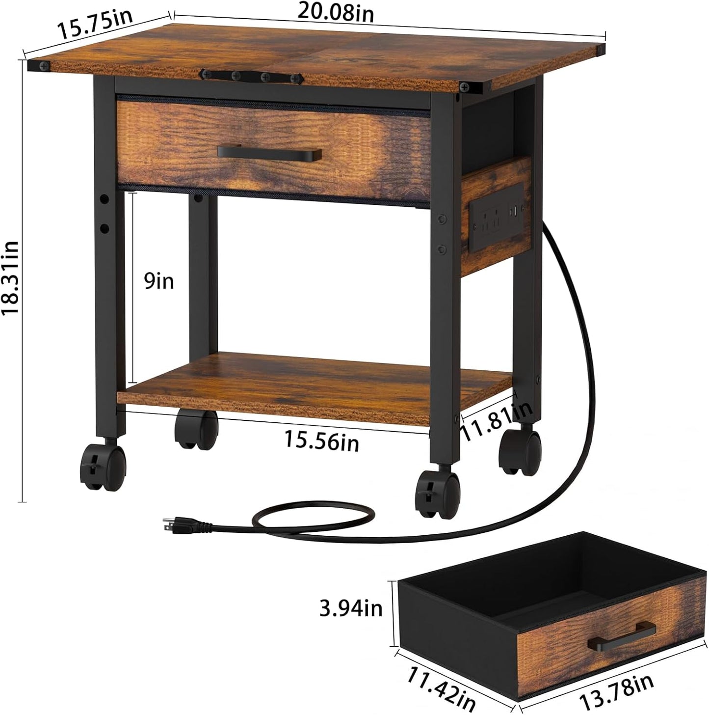 Lerliuo Under Desk Rolling Printer Stand with Charging Station and USB Ports, 2-Tier Printer Table Desk with Fabric Drawer, Printer Cart Holder with Lockable Wheels for Home, Office (Brown)