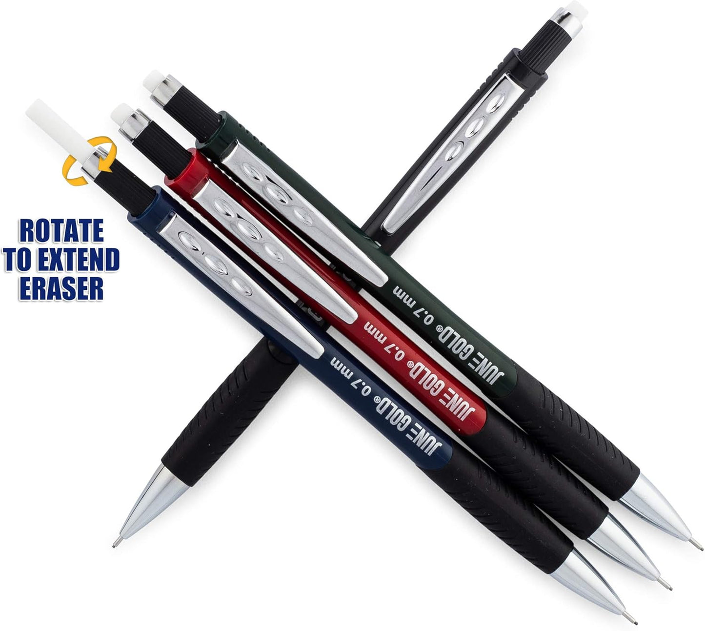 June Gold 8 Pack 0.7 mm HB #2 Mechanical Pencils, Extra Long Spin Eraser, 2 Lead Dispensers/w 220 Refills & 8 Refill Erasers, Break Resistant Lead, Soft Non-Slip Grip