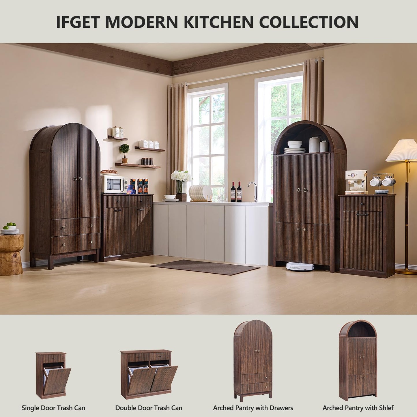 Modern Tilt-Out Trash Can Cabinet, 10 Gallon Fluted Laundry Hamper Cabinet with Drawers, Wooden Hidden Garbage Can Cabinets with Storage Basket, Free Standing for Kitchen and Living Room,Brown