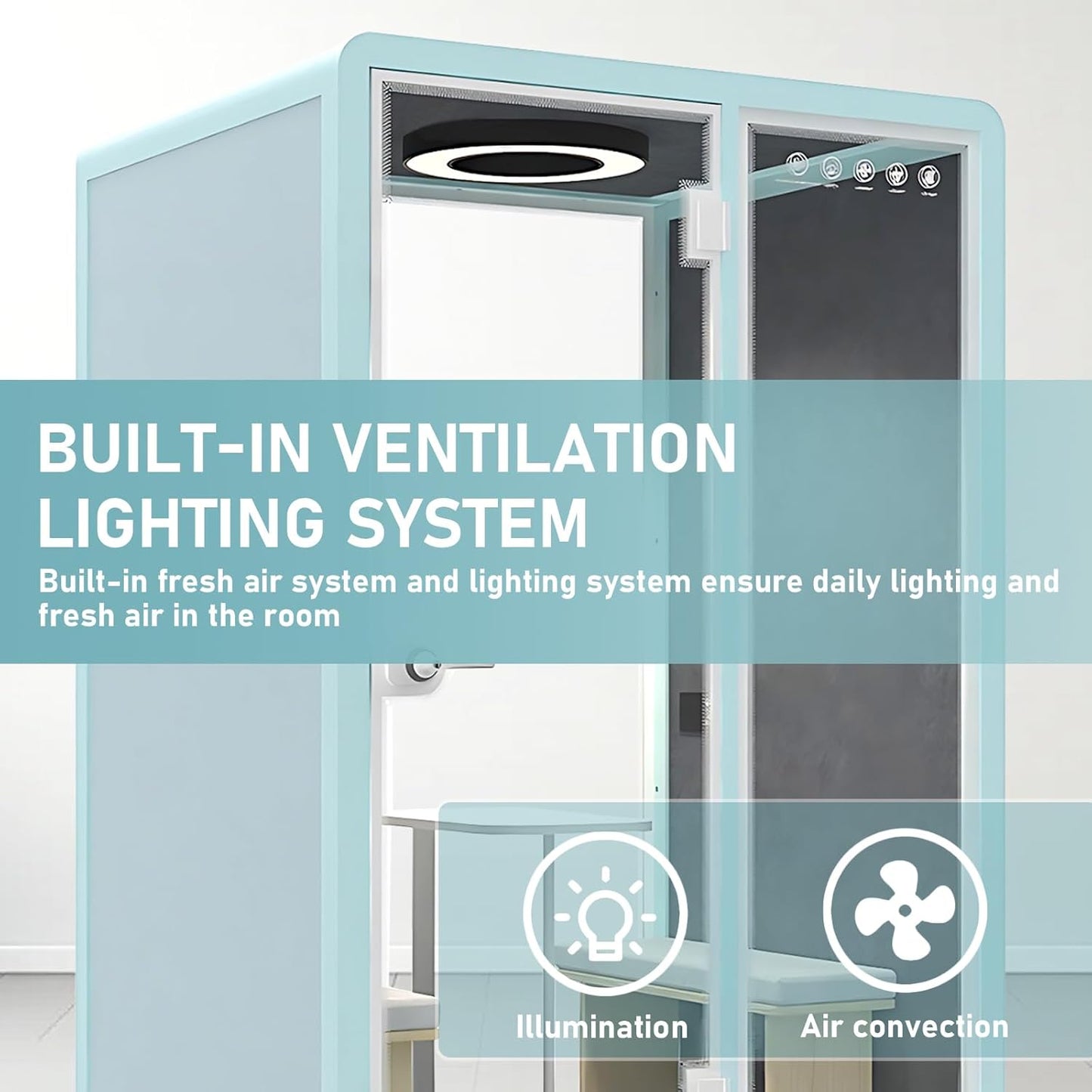 Office Sound Booth with Audio Privacy - Freestanding Soundproof Booth Includes Light Blue Frame Design,Modern Soundproof Room with Light, Socket,Casters for Study,Negotiation (59.05IN)