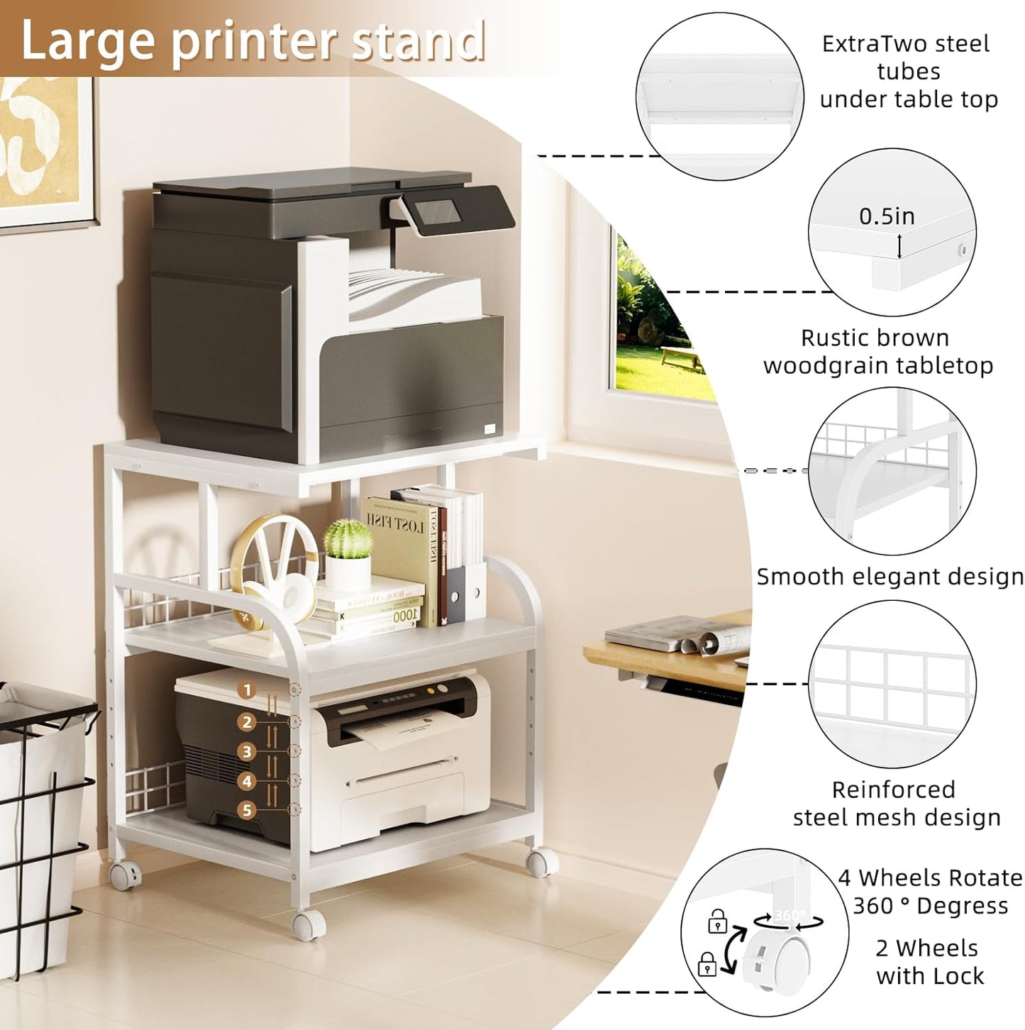 Lerliuo Large Printer Stand with Storage, 23.6"W x 18.9"D x 30.2"H, 5-Adjustable Shelf Heights Mobile 3 Tier Table with Lockable Wheels, Industrial Rolling Printer Cart, White Stands for Home Office