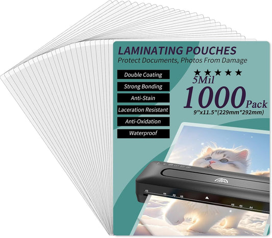 Laminating Sheets - 5Mil Thermal Laminating Pouches, 9"x11.5" Clear Laminate Sheets for Schedules, Menus, Certificates, Art Drawings, Round Corner, 1000 Pack