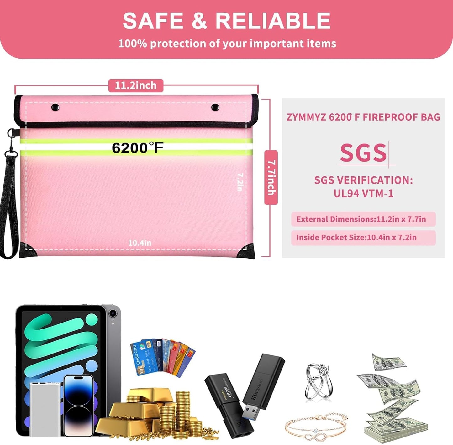 6200°F Upgraded Fireproof Document Bag with Waterproof Zipper,9 Layers of Heat Insulated Materials,Fireproof Money Bag for Cash,Valuables and Important Documents（Not Suitable for A4 Files）
