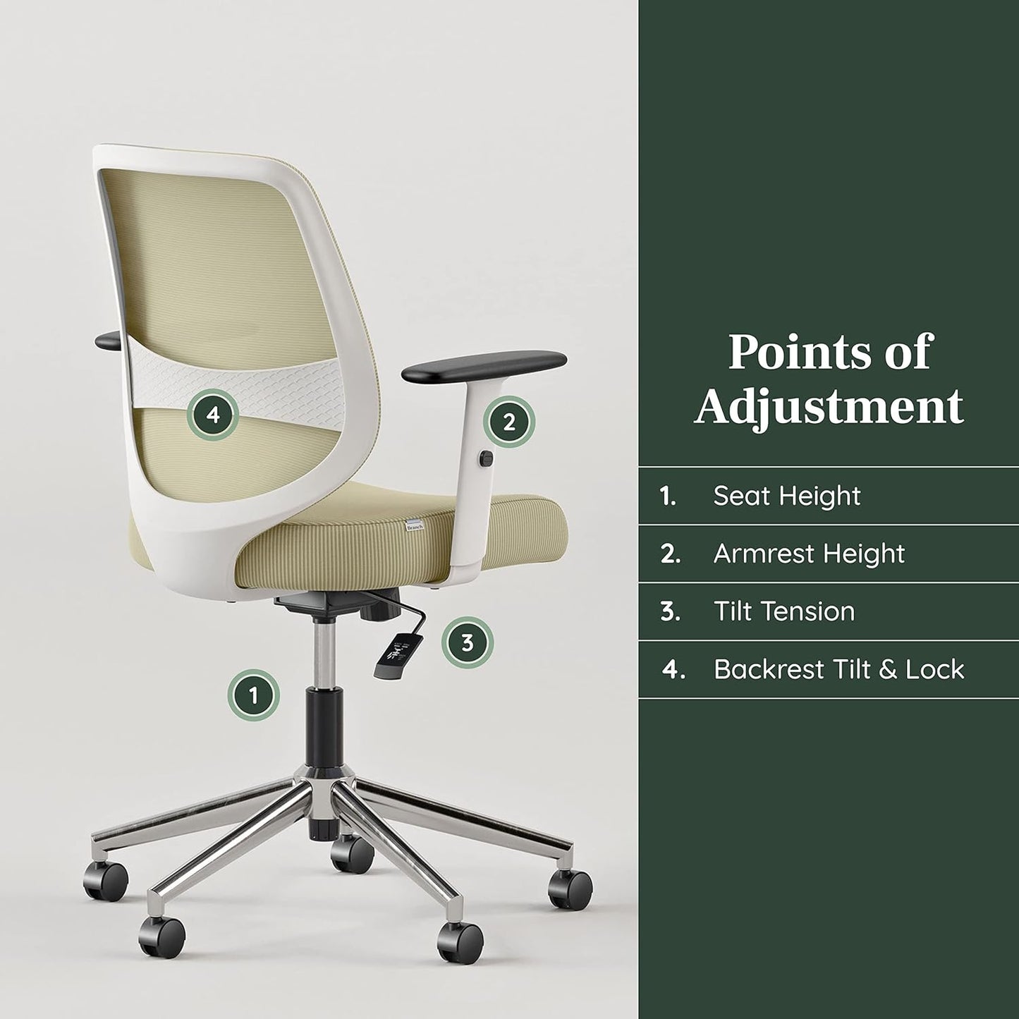 Branch Daily Chair - Computer Office Chair with Swivel, Lumbar Rest, and Adjustable Armrests - Sustainable, Stylish Mesh, & Adjustable Armrests - Comfortable Seating for Improved Posture - Green