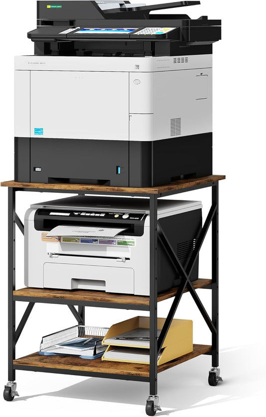 Warmiehomy 24"x24"x30" Large Printer Stand with Storage, 3 Tier Rolling Printer Cart Table, Mini Fridge Stand with Wheels, Use for 3D Laser Printer Home Office, Rustic Brown