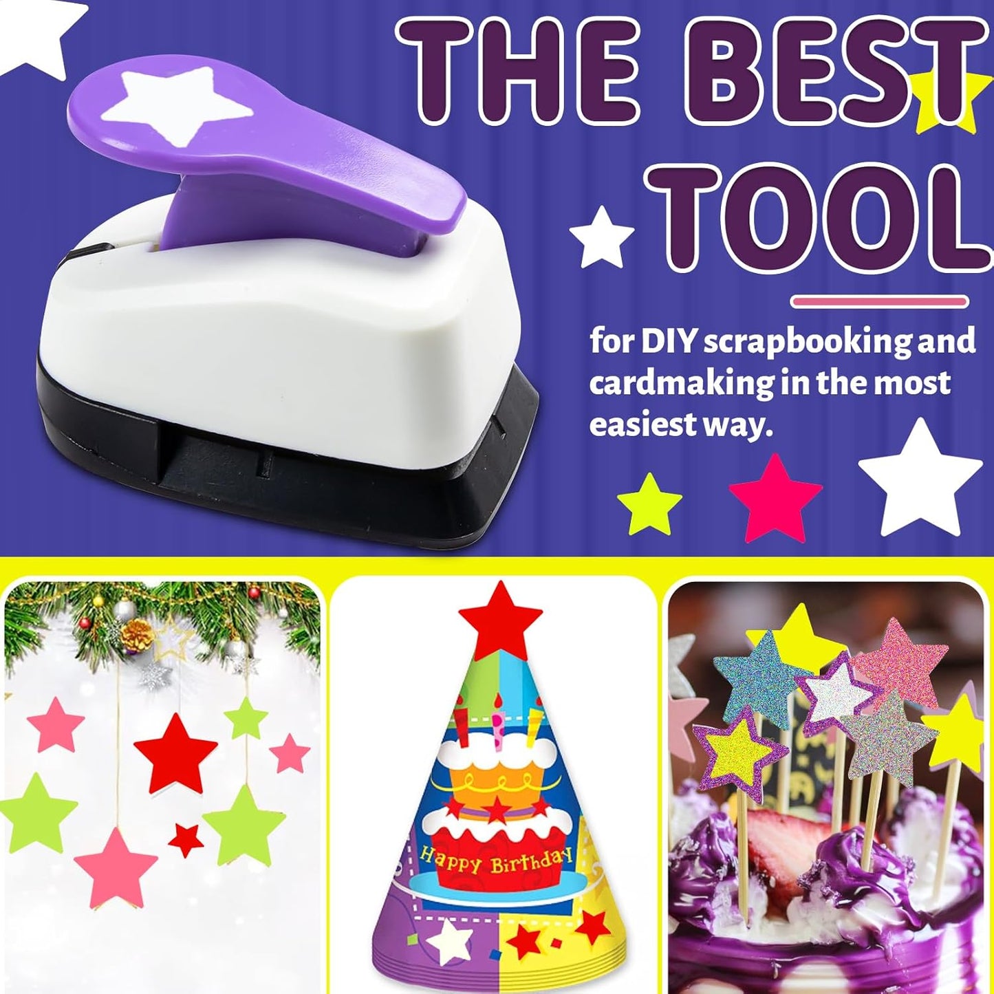 Star Paper Punch, 3/8", 1", 5/8" Star Shape Craft Punch Scrapbook Paper Cutter Hole Punch Set, Design for Office Supplies, Card Making, DIY Photo Album, Purple