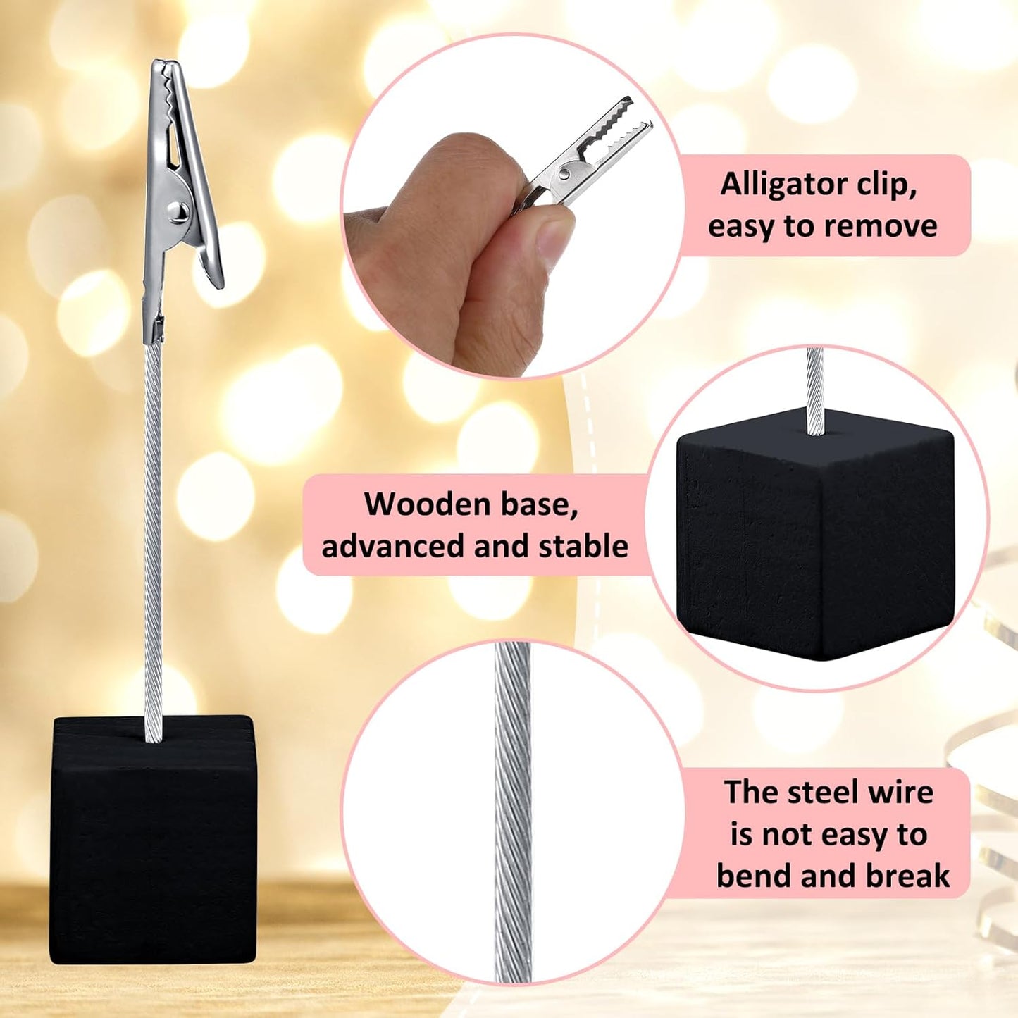 20 Pcs Cube Base Memo Clip Holder with Alligator Clip Wood Table Number Holder Cube Base Place Card Stand Mini Photo Menu Stand for Displaying Number Card(Black)