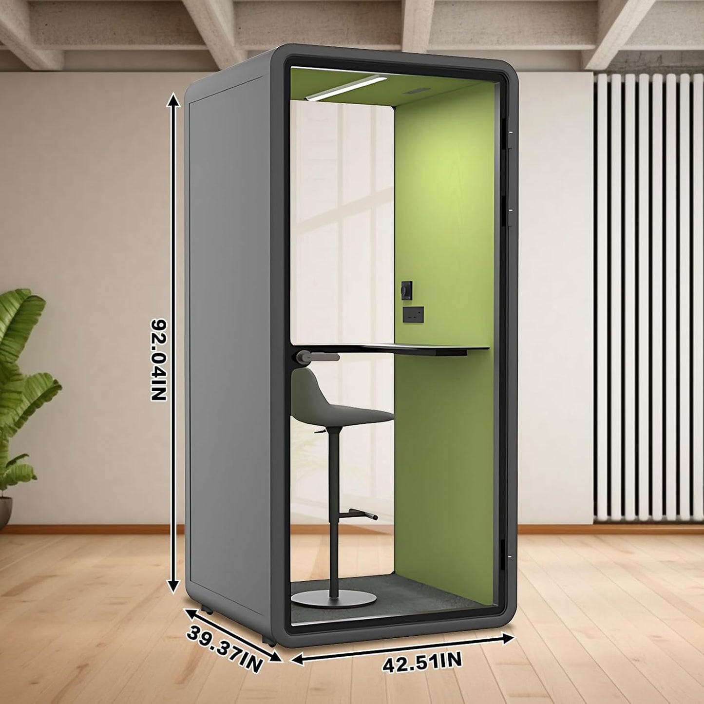Office Sound Booth with Audio Privacy - Portable Soundproof Pod with Gray & Green Design,Phone Pod with Light,Ventilation,Socket for Phone,Singing,Work