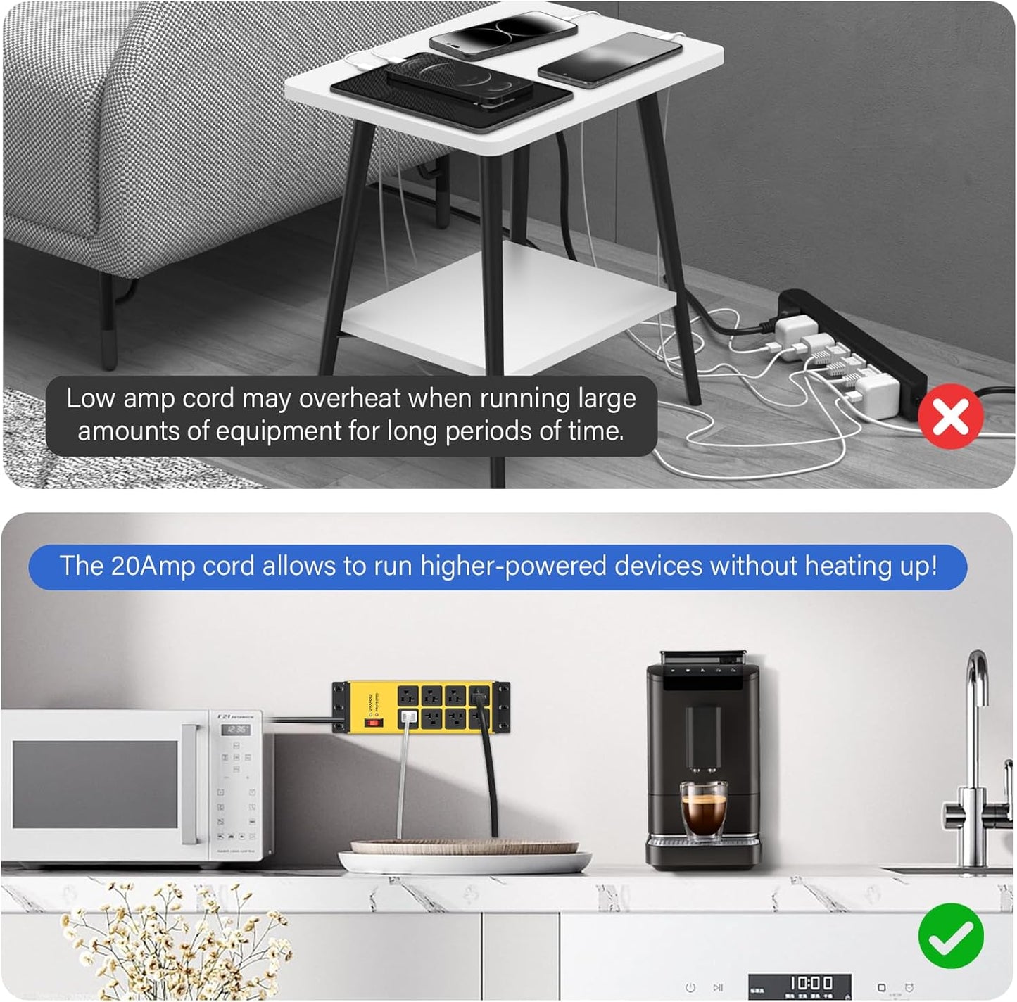 CCCEI Yellow Heavy Duty Power Strip Surge Protector 20 AMP, 8 Outlets 12 Gauge Industrial Shop Garage Metal Multiple Outlets, 10FT Extension Cord 5-15P Adapter High Amp 6-20R T-Slot 20a for Appliance