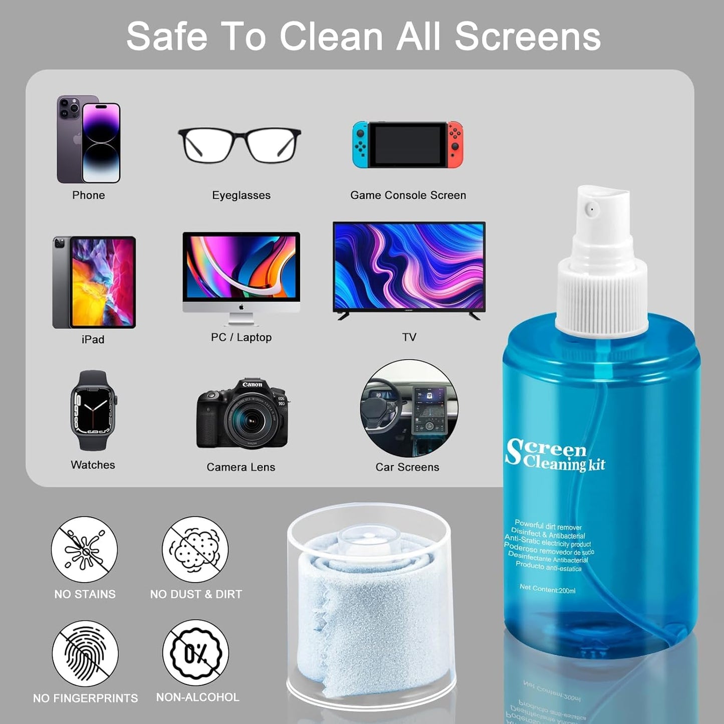 walrfid 2 Pcs Car Screen Cleaner Spray and Wipe, TV Computer Laptop Touchscreen Mist Cleaning Kit Wipe for CD Disc, Electronic Cell Phone iPad iPhone MacBook Pro Tablet Monitor LCD LED Flat Screens