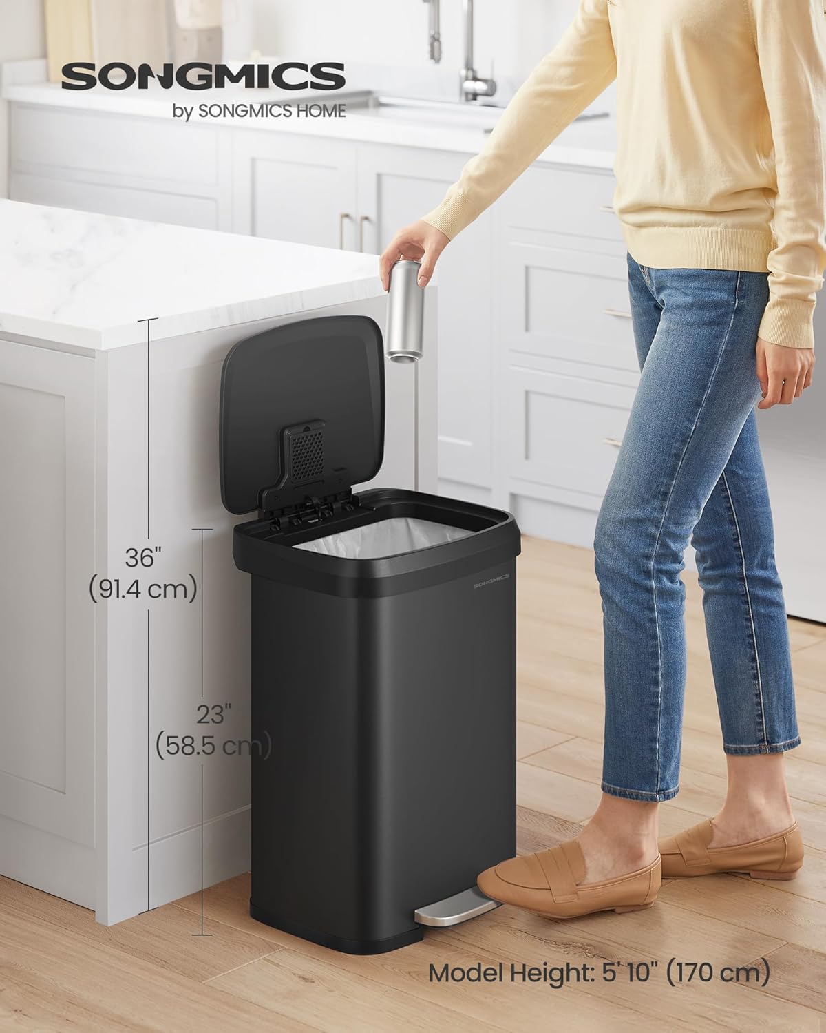 SONGMICS Kitchen Trash Can, 13 Gallon (50 L) Stainless Steel Garbage Can, with Stay-Open Lid and Step-on Pedal, Soft Closure, Tall, Large and Space-Saving, Black ULTB530B50