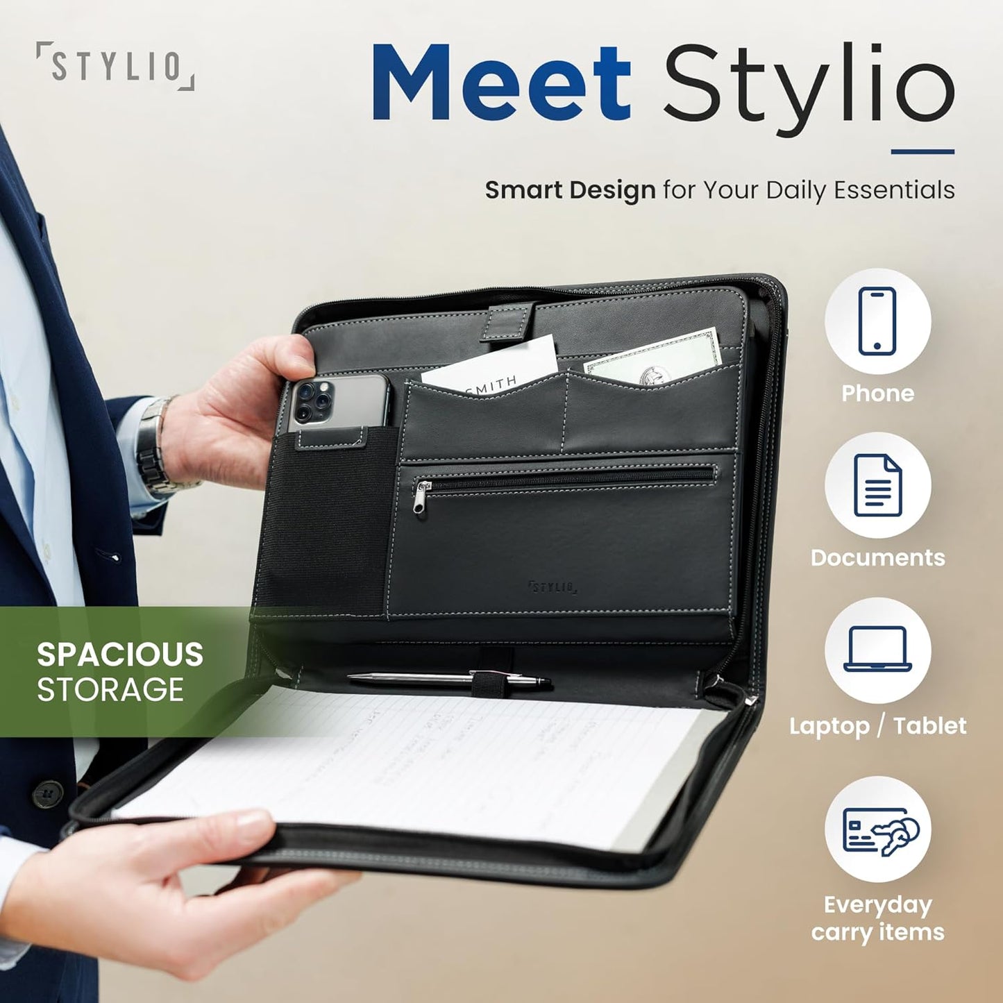 STYLIO Zipper Padfolio Portfolio Binder Organizer | Faux Leather Portfolio for Resume, Documents, Phone, Tablet, Business Supplies and Cards | Notebook Organizer with Letter Sized Notepad Included