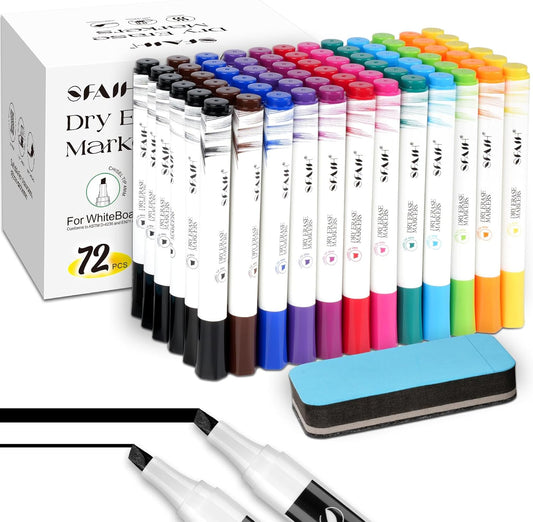 SFAIH Dry Erase Markers Chisel Tip with Magnetic Whiteboard Eraser, 72 Bulk 12 Assorted Colors White Board Markers for Teachers, Versatile Lines, 1s Quickly Dry, Perfect for Classroom and Office