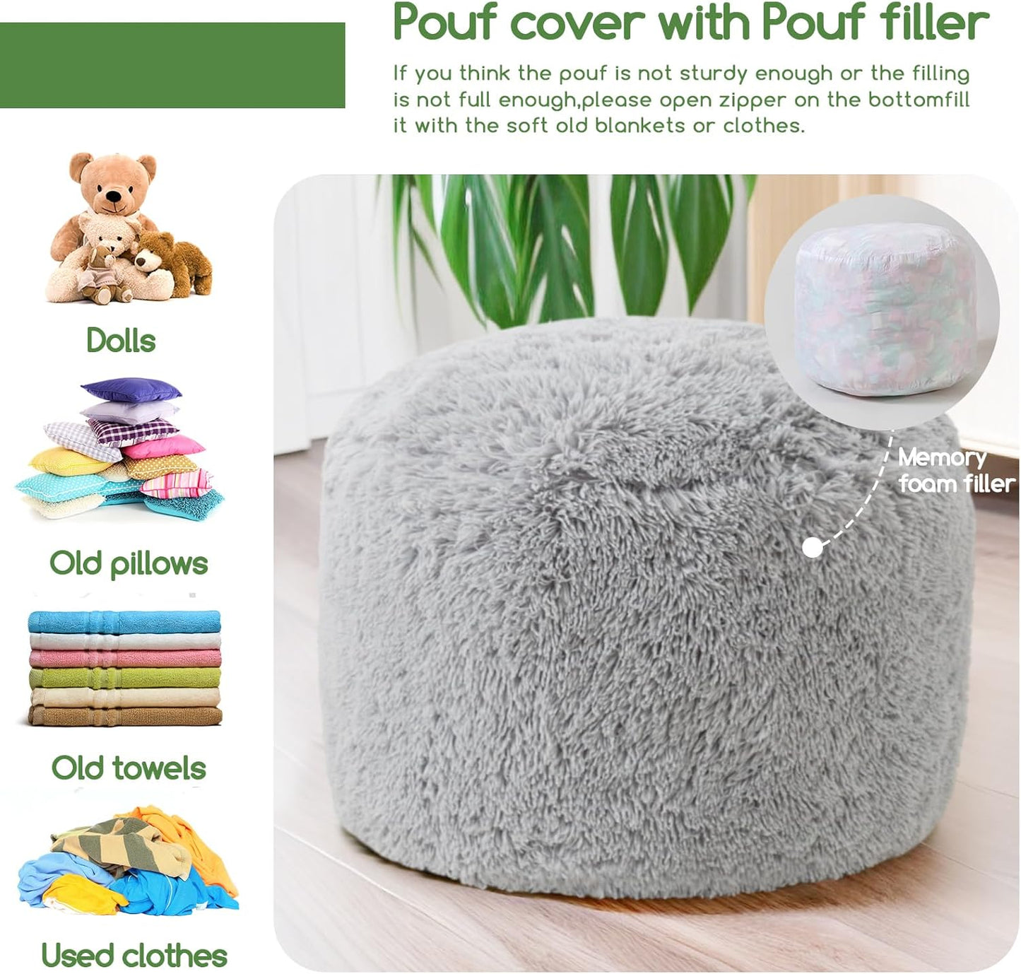 HIGOGOGO Round Stuffed Pouf Ottoman, Long Faux Fur Poufs with Foam Chunk Filling, Fluffy and Furry Pouf Foot Stool Storage Ottoman, 26 X 18 Floor Poufs Foot Rest for Living Room, Light Grey