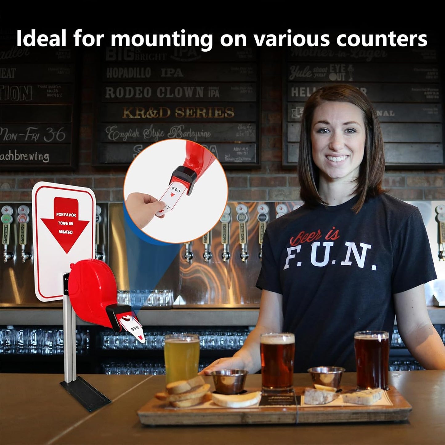 Take-A-Number System Ticket Dispenser with Counter Stand and 1 Roll 3 Digit Queue Ticket 2000 Tickets for Queue Call System (K-T-3-ES)