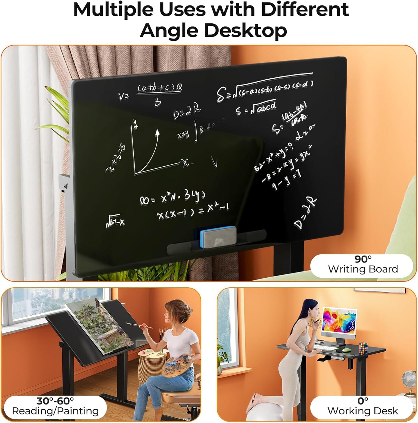 Glass Standing Desk，35inch Whole Piece Rolling Sit Stand Table with Wheels，90° Tiltable Mobile Rising Height Adjustable，Foldable Top Suit for Small Laptop，Black