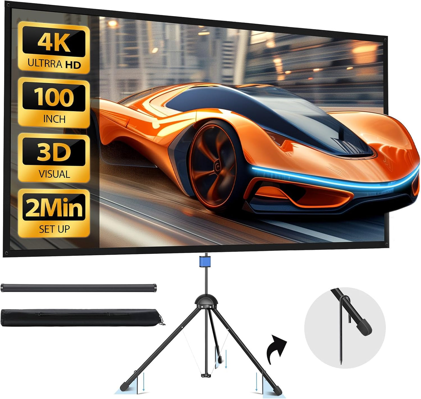Projector Screen with Stand - 100" Indoor/Outdoor 16:9, 4K HD PVC Screen with 1.5 Gain, 2IN1 for Backyard Theater & Wall Hanging, Includes Carry Bag