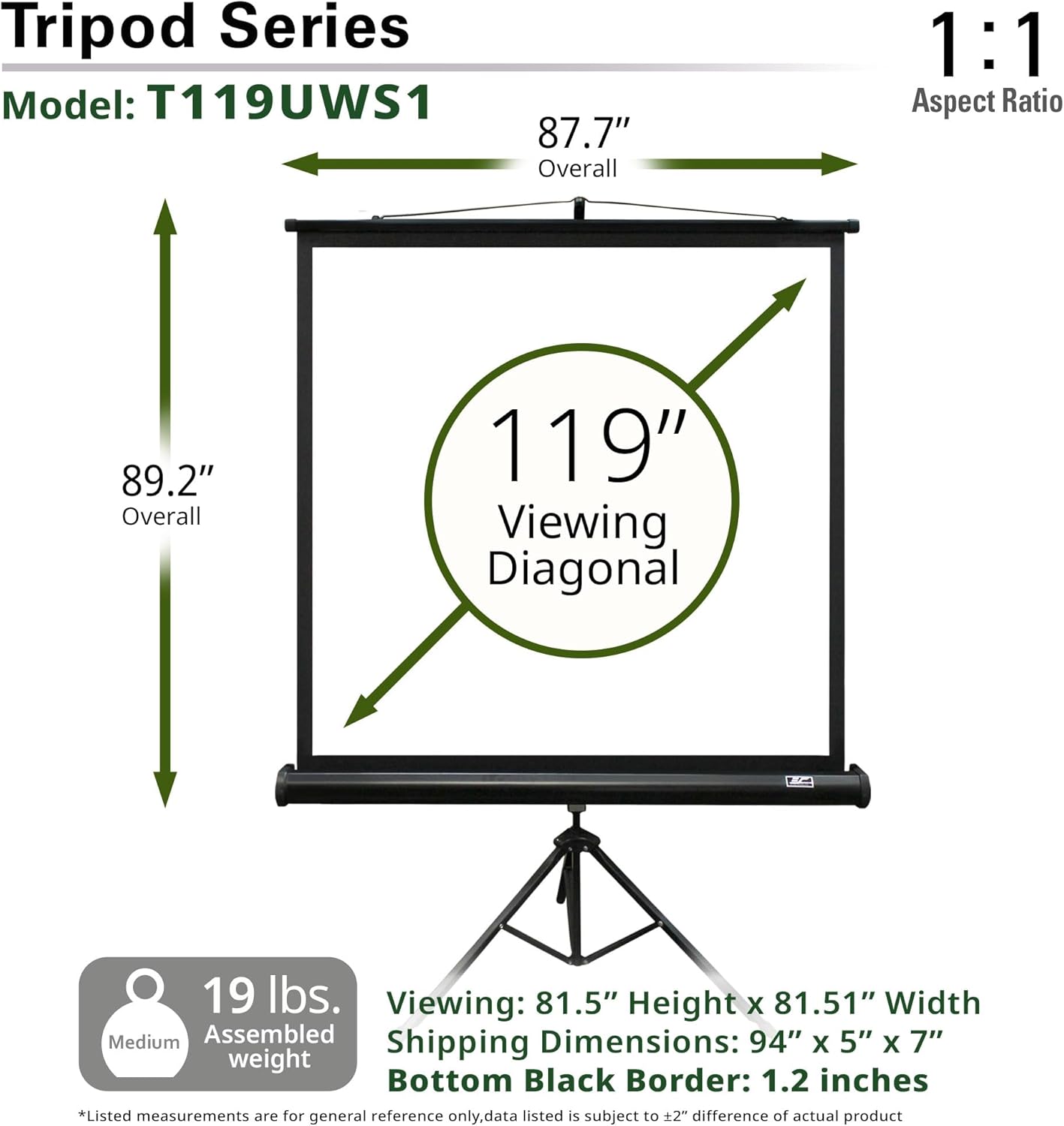 Elite Screens Tripod Series, 119-INCH 1:1, 16:9, 4:3, Adjustable Multi Aspect Ratio Portable Indoor Outdoor Projector Screen, 8K/4K Ultra HD 3D Ready, US Based Company 2-YEAR WARRANTY, T119UWS1, Black