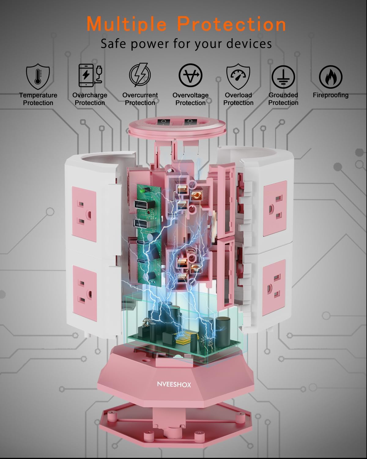 NVEESHOX Surge Protector Power Strip Tower, 10 Feet Ultra Flat Extension Cord with 12 AC Outlets 5 USB Ports(2 Type C), Desktop Charging Station, Flat Plug Outlet Extender for Home Office Dorm